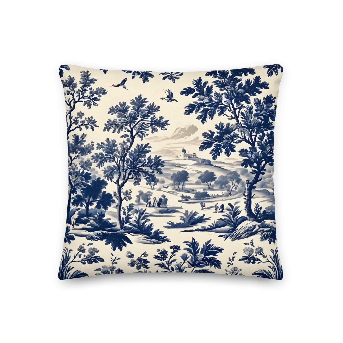 Decorative cushion with Toile de Jouy pattern