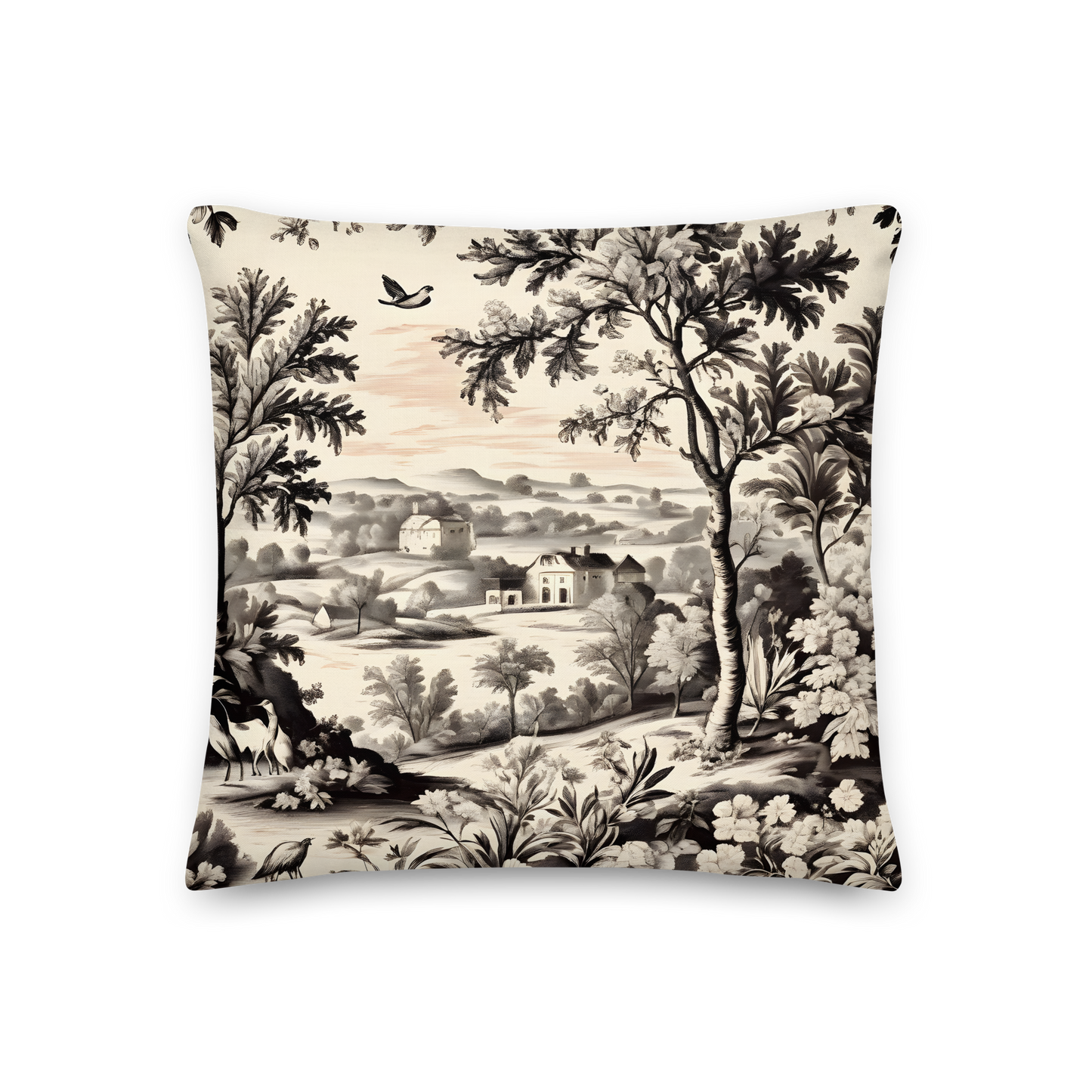 Decorative cushion with Toile de Jouy pattern