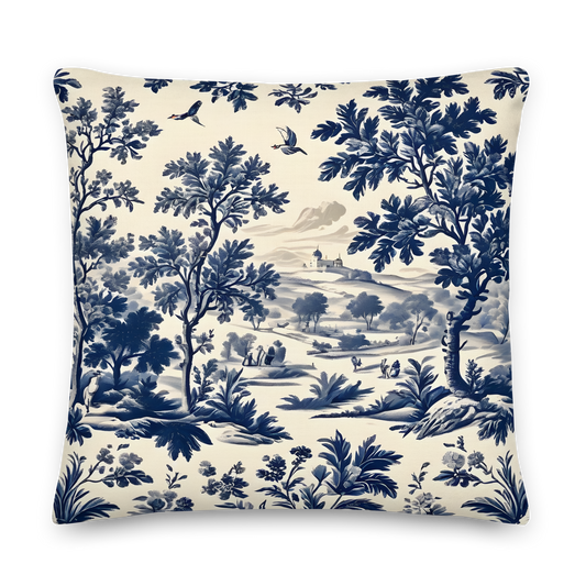 Decorative cushion with Toile de Jouy pattern