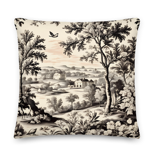 Decorative cushion with Toile de Jouy pattern